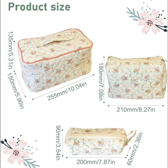 Floral Quilted Cotton Cosmetic Bag Toiletry Bag 3 pack - Picture 2 of 6